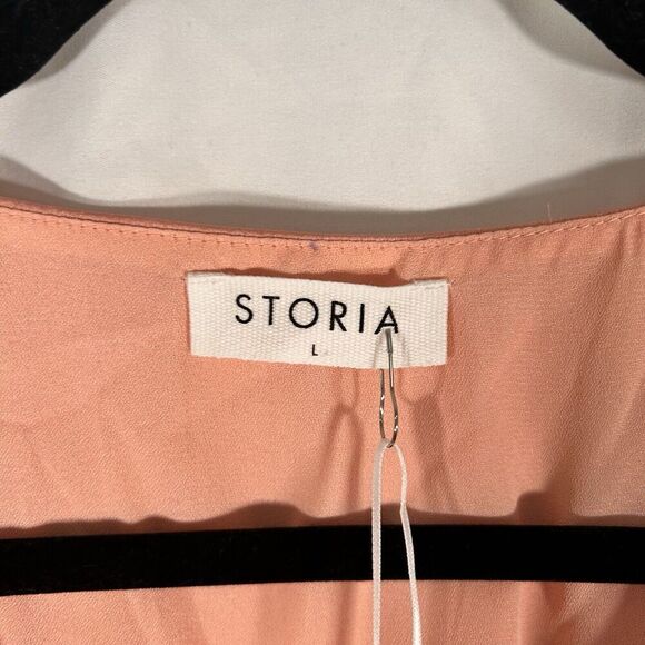 New STORIA Mini Dress Women's Large Pink Vneck Tie Elastic Waist Short Sleeve - Picture 4 of 10